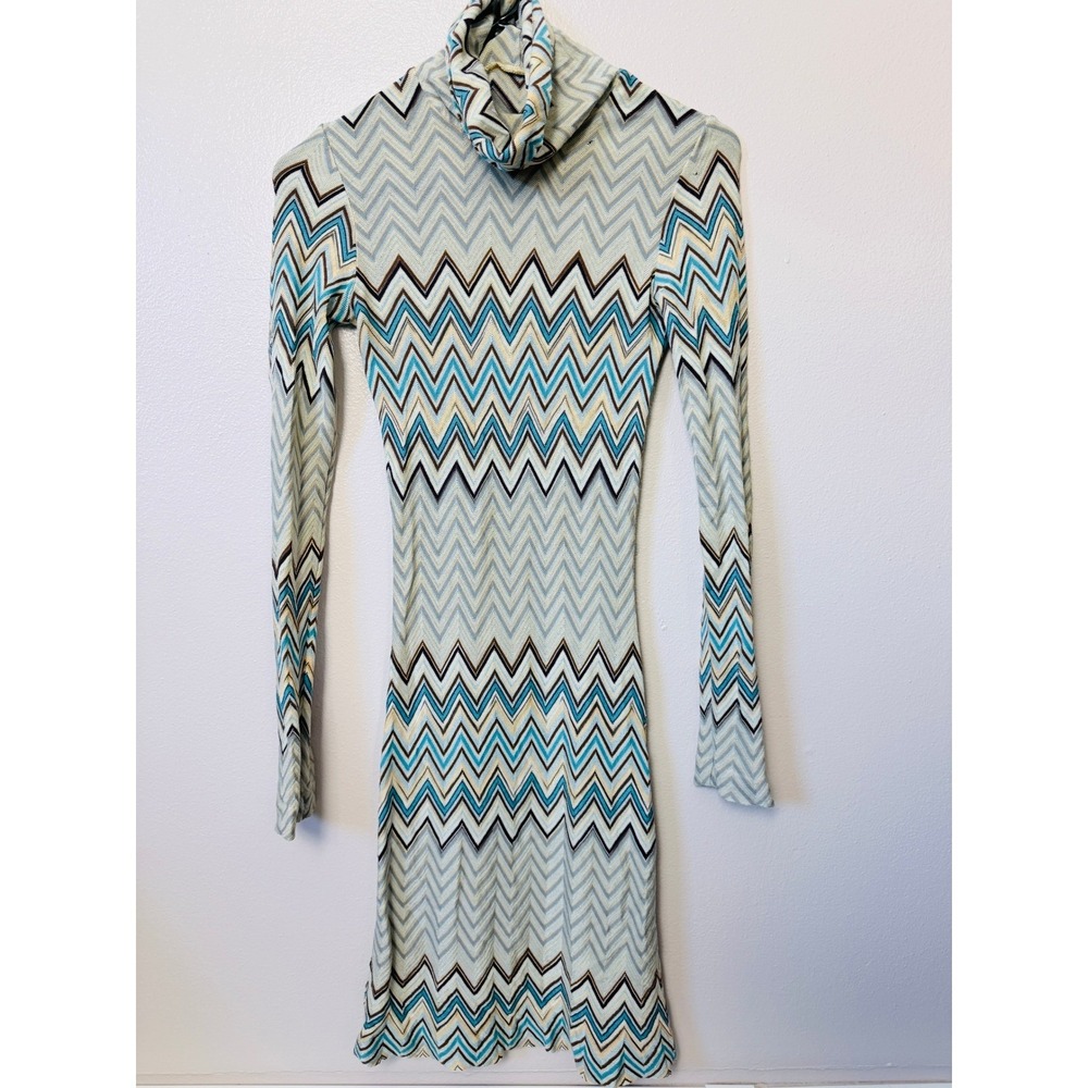 Missoni Sport Chevron Knit Turtleneck Dress XS Blue Cream Brown – Small Holes